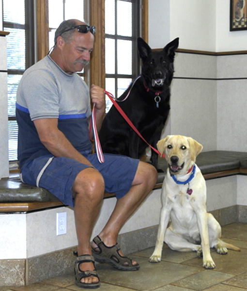 Owner with his dogs, waiting for their checkup Owner with his dogs, waiting for their checkup